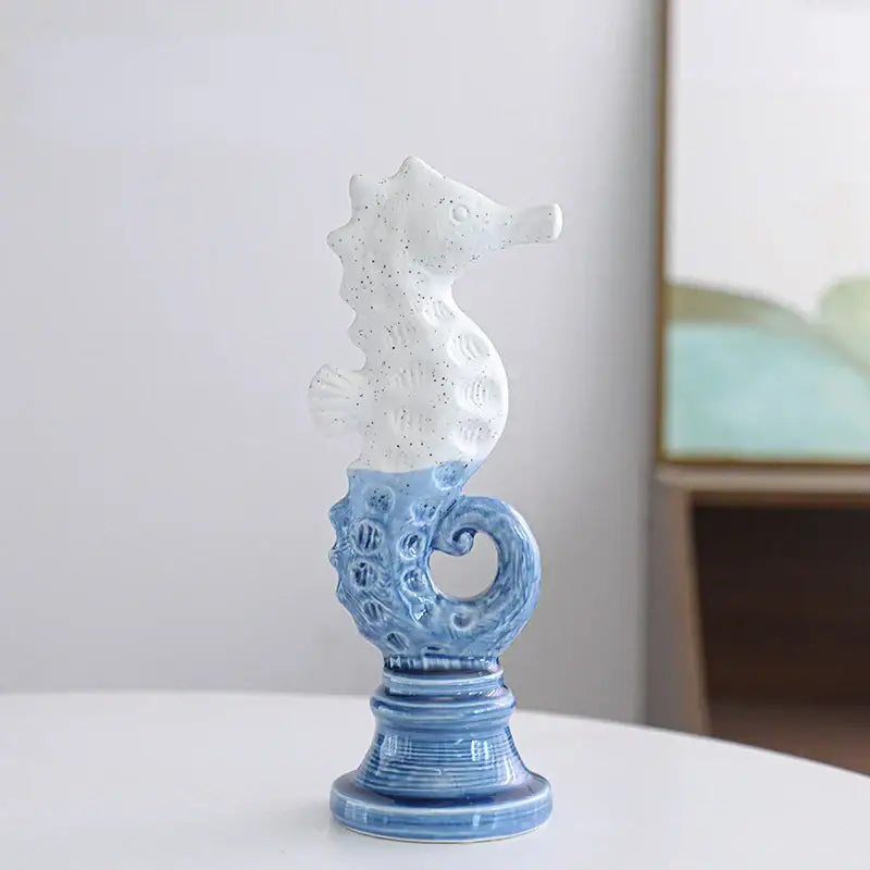Blue & white cartoon seahorse ceramic statue living room decor