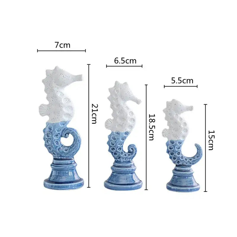 Blue & white cartoon seahorse ceramic statue living room decor