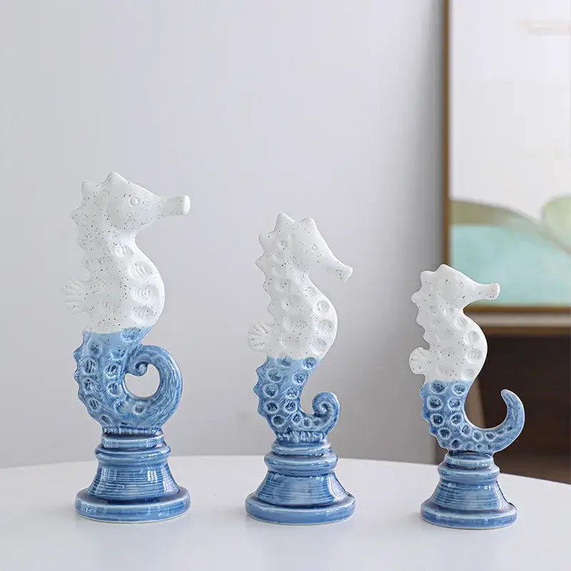 Blue & white cartoon seahorse ceramic statue living room decor