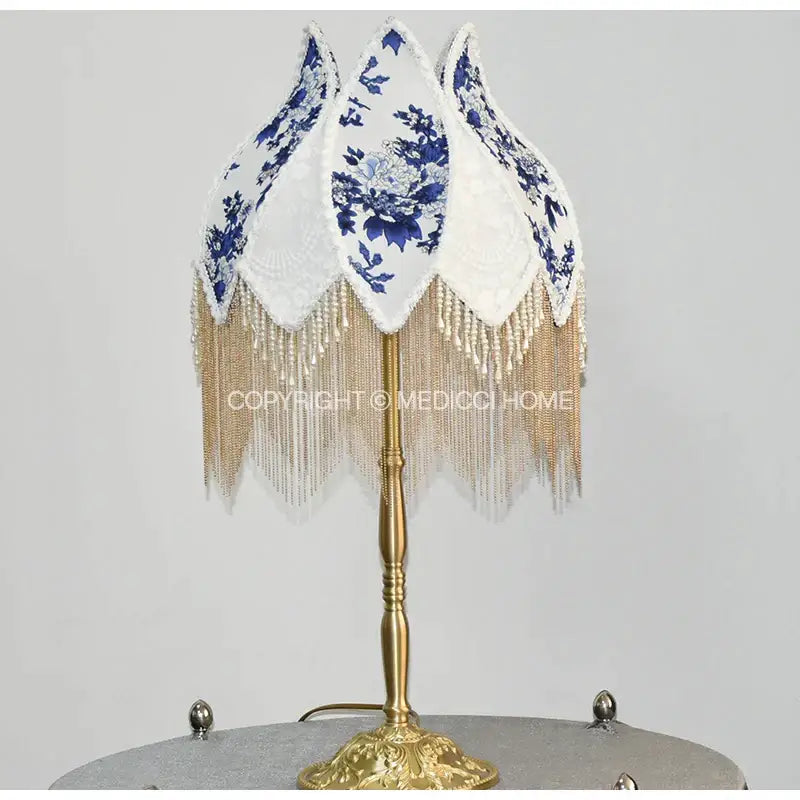 Blue & white porcelain floral lampshade bedroom pearl tassel decor