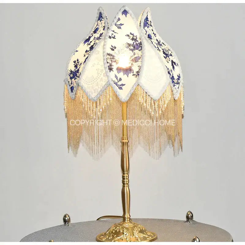 Blue & white porcelain floral lampshade bedroom pearl tassel decor