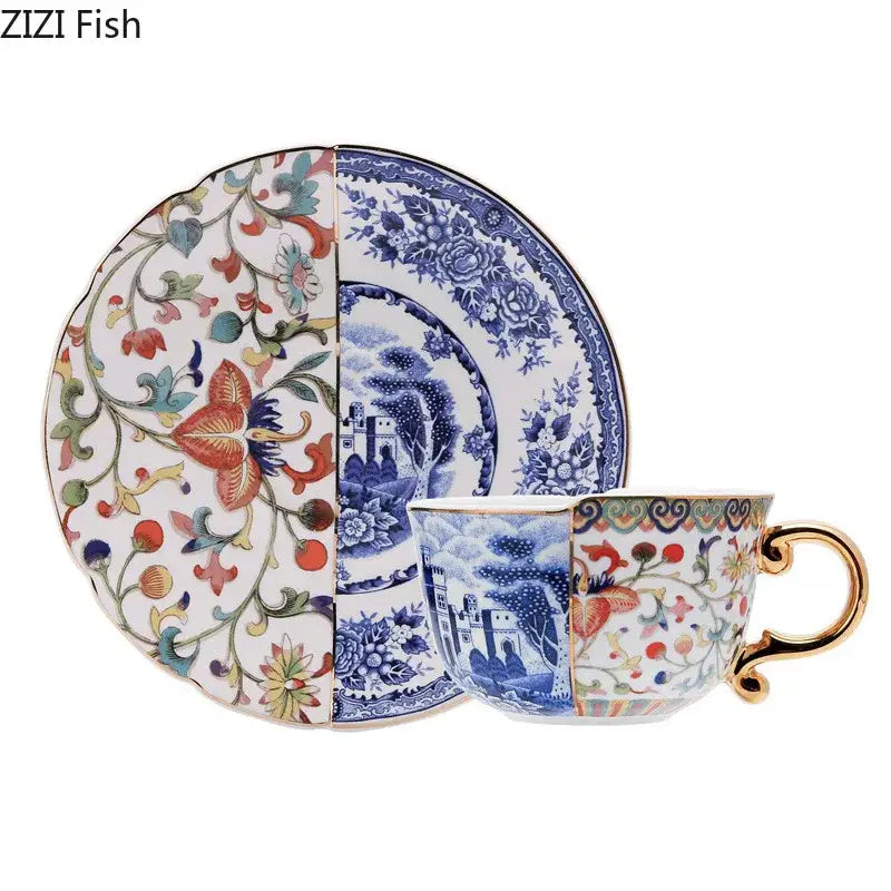 Blue white porcelain gilded coffee mug dining room teacup