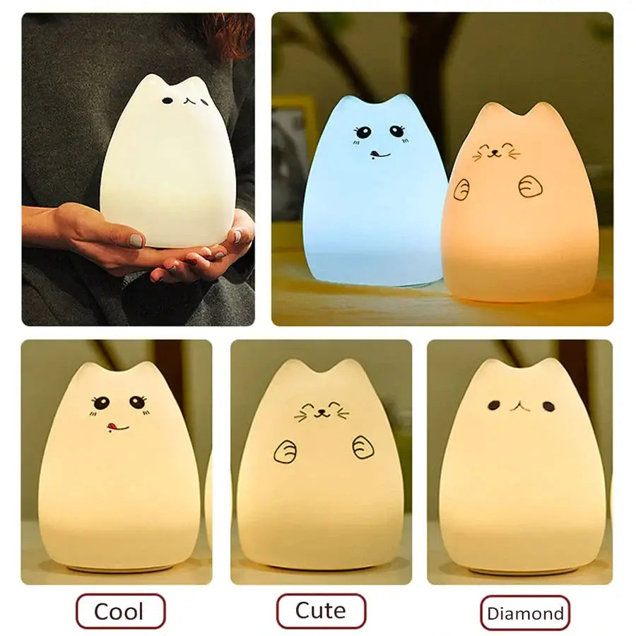 Blue white & purple cat silicone touch night light bedroom lamp
