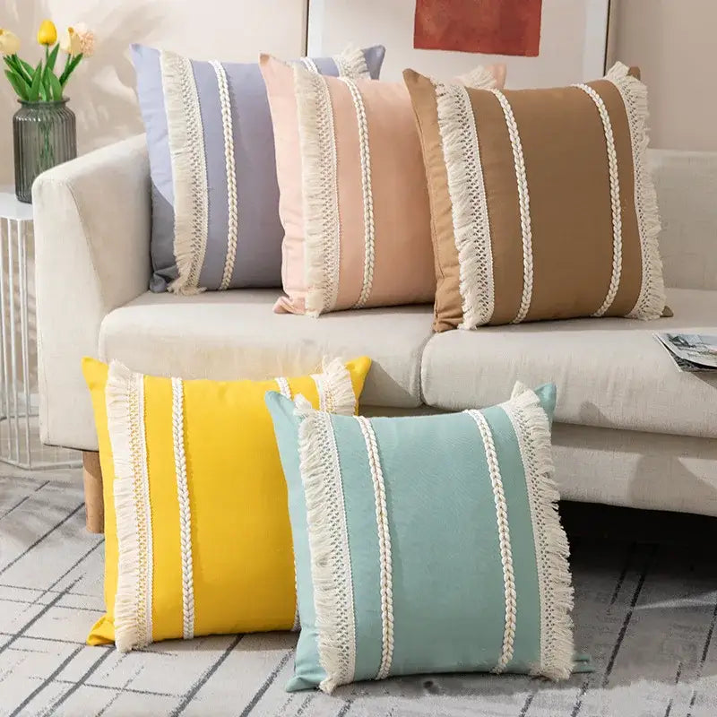 Bohemia tassel cushion cover black & white velvet living room pillow