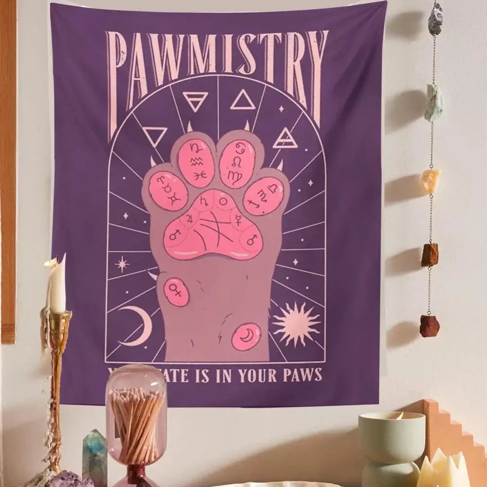 Bohemian beige and pink cat paws tarot tapestry bedroom wall decor