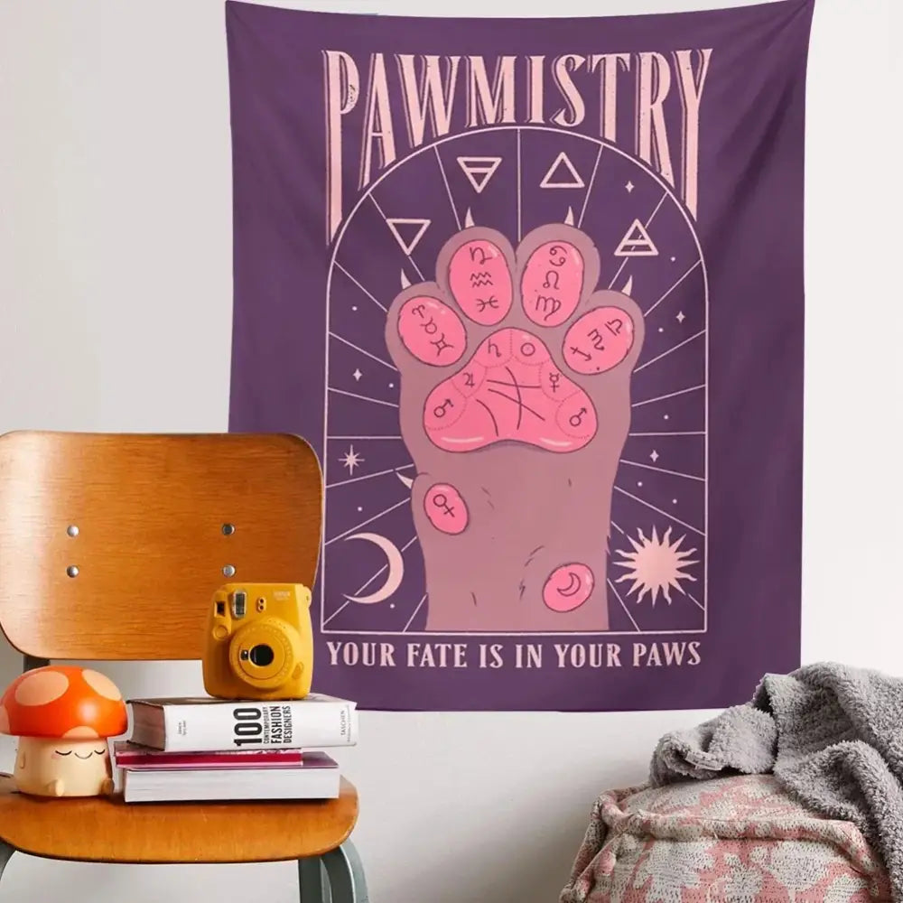 Bohemian beige and pink cat paws tarot tapestry bedroom wall decor