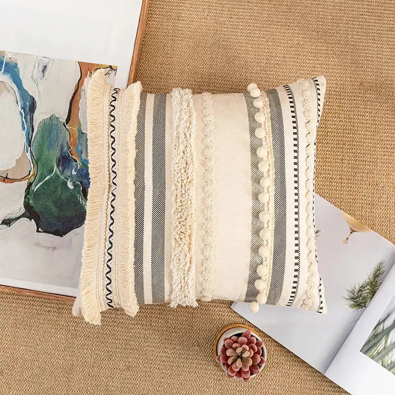 Bohemian beige cushion cover – living room tasseled throw pillow