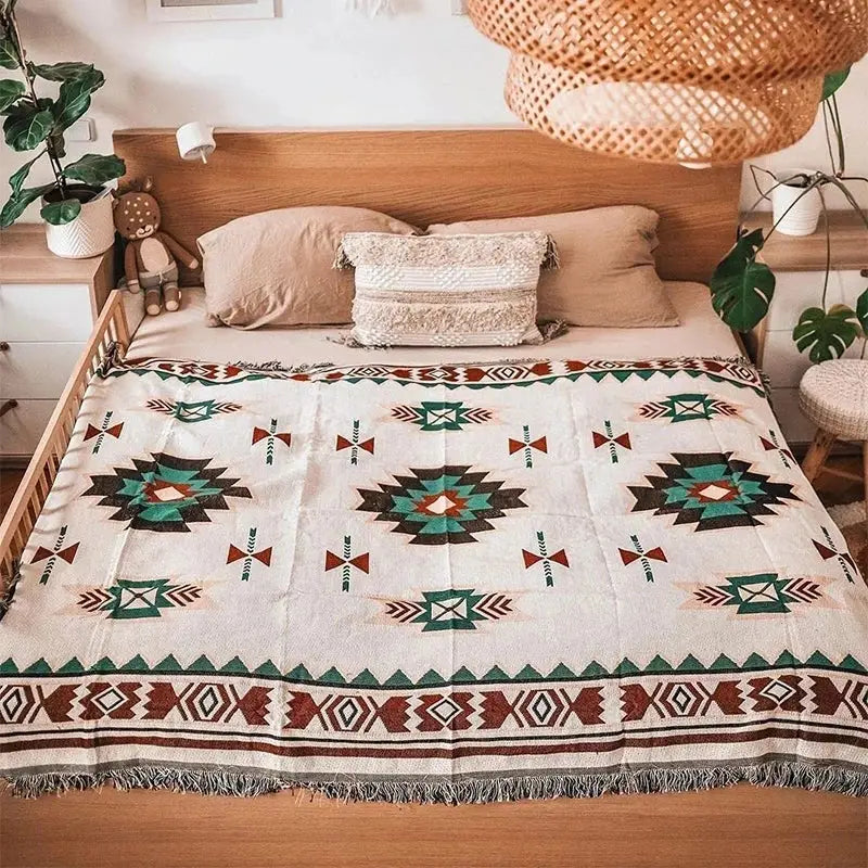 Bohemian beige geometric sofa blanket living room vintage plaid design