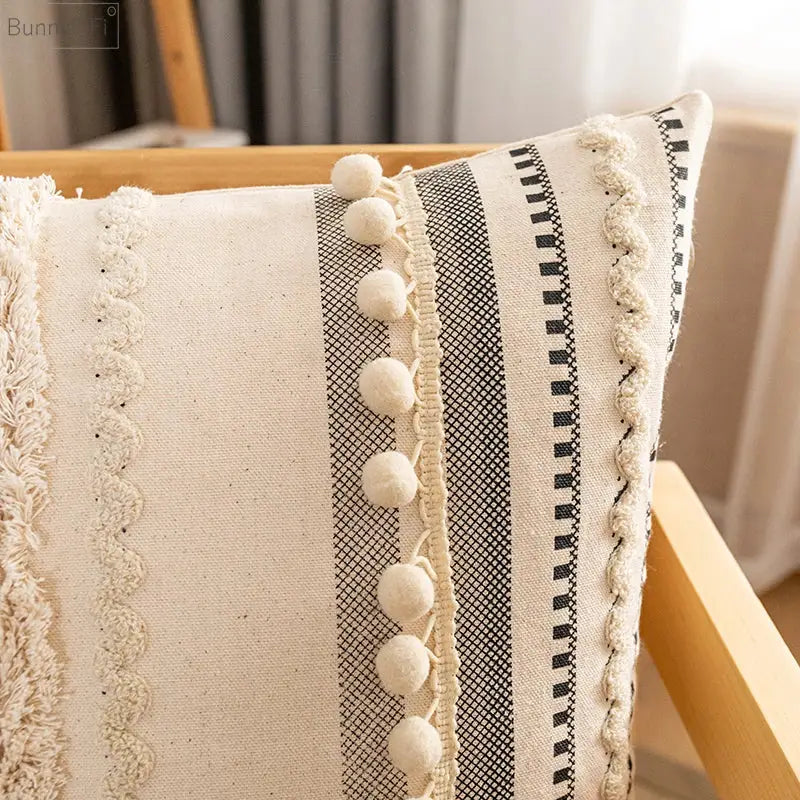 Bohemian beige striped cushion cover with tassels for living room