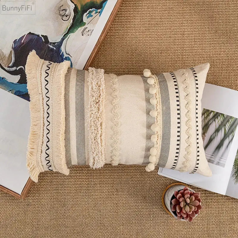 Bohemian beige striped cushion cover with tassels for living room