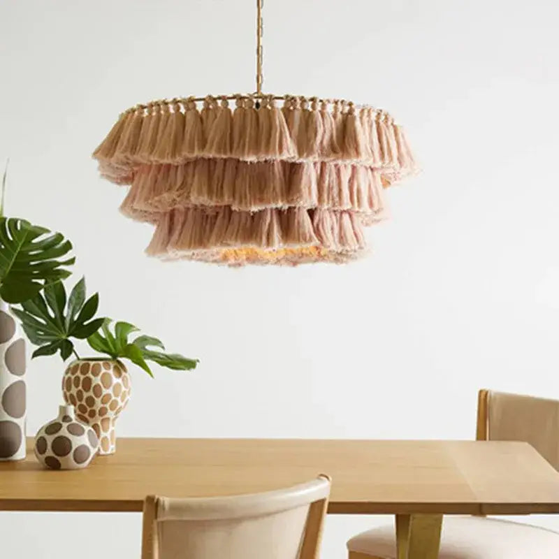 Bohemian blush pink tassel light – bedroom gold suspension light