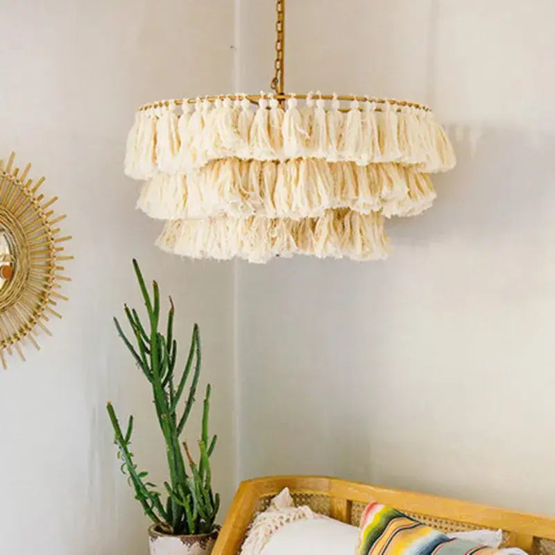 Bohemian blush pink tassel light – bedroom gold suspension light