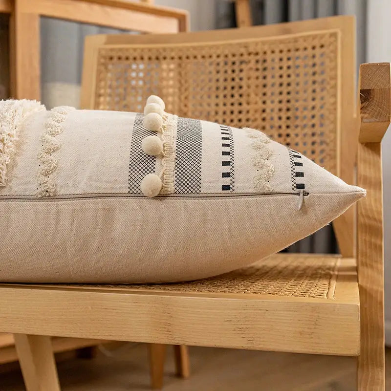 Bohemian cream & gray striped cotton cushion cover living room pom-pom
