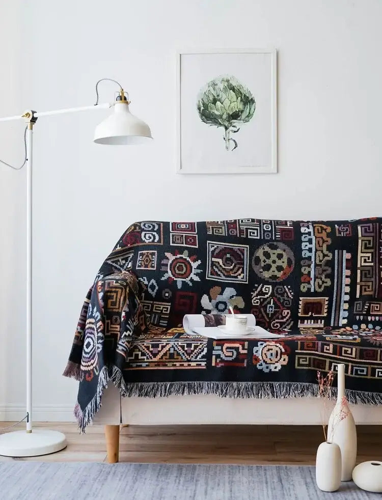 Bohemian jacquard throw blanket black & red living room bedspread