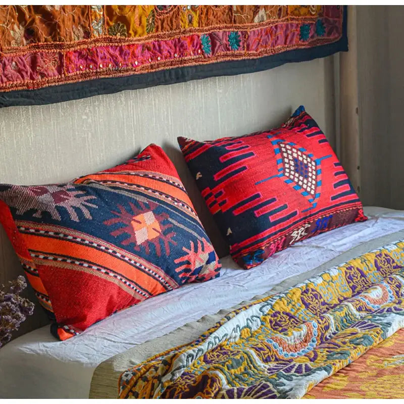 Bohemian jute linen blue & red geometric pillow covers living room