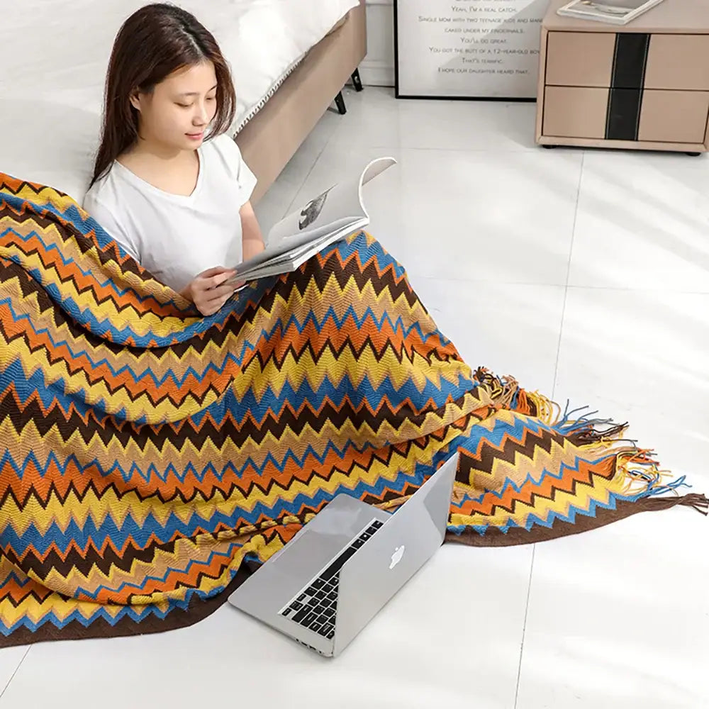 Bohemian knitted blanket multi color zigzag throw for living room
