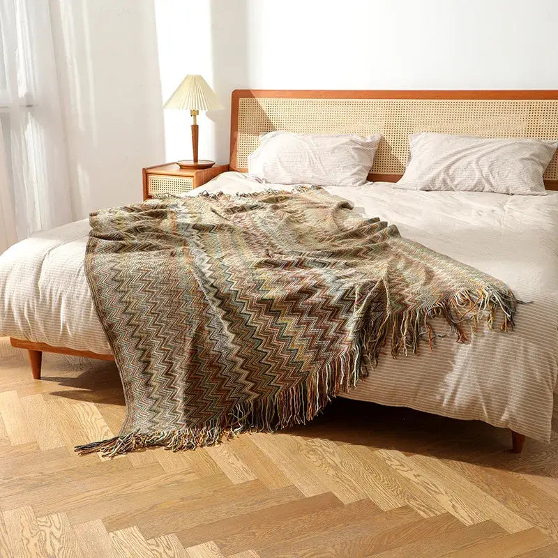 Bohemian knitted blanket multi color zigzag throw for living room