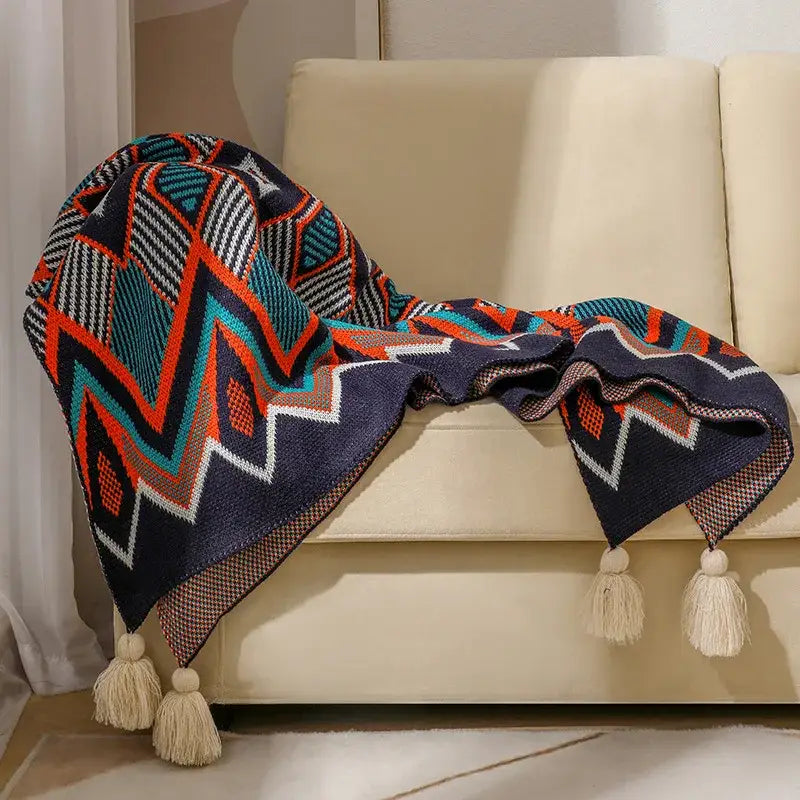 Bohemian knitted throw blanket cream geometric bedroom bedspread