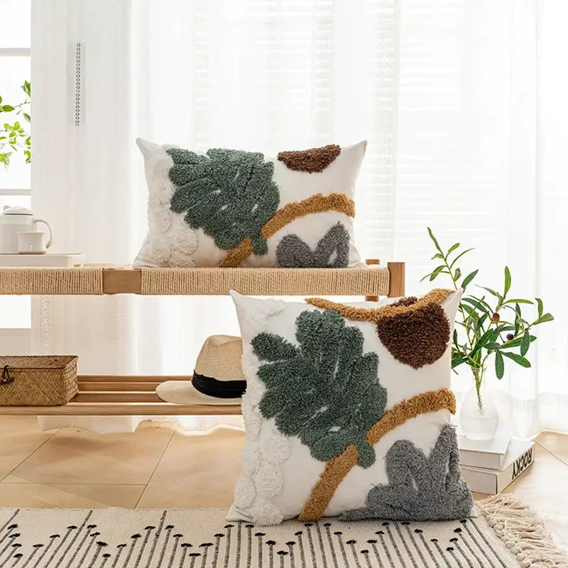 Bohemian loop white plush cushion cover living room leaf decor