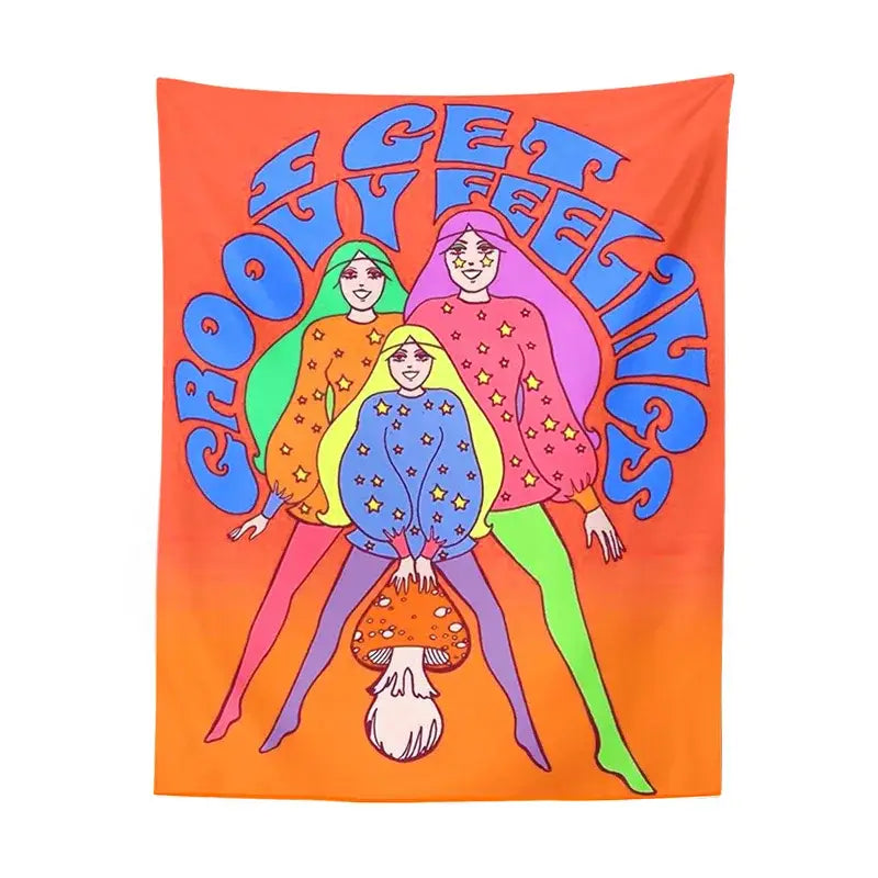 Bohemian mushroom girl tapestry orange psychedelic bedroom wall art