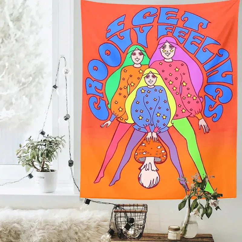 Bohemian mushroom girl tapestry orange psychedelic bedroom wall art