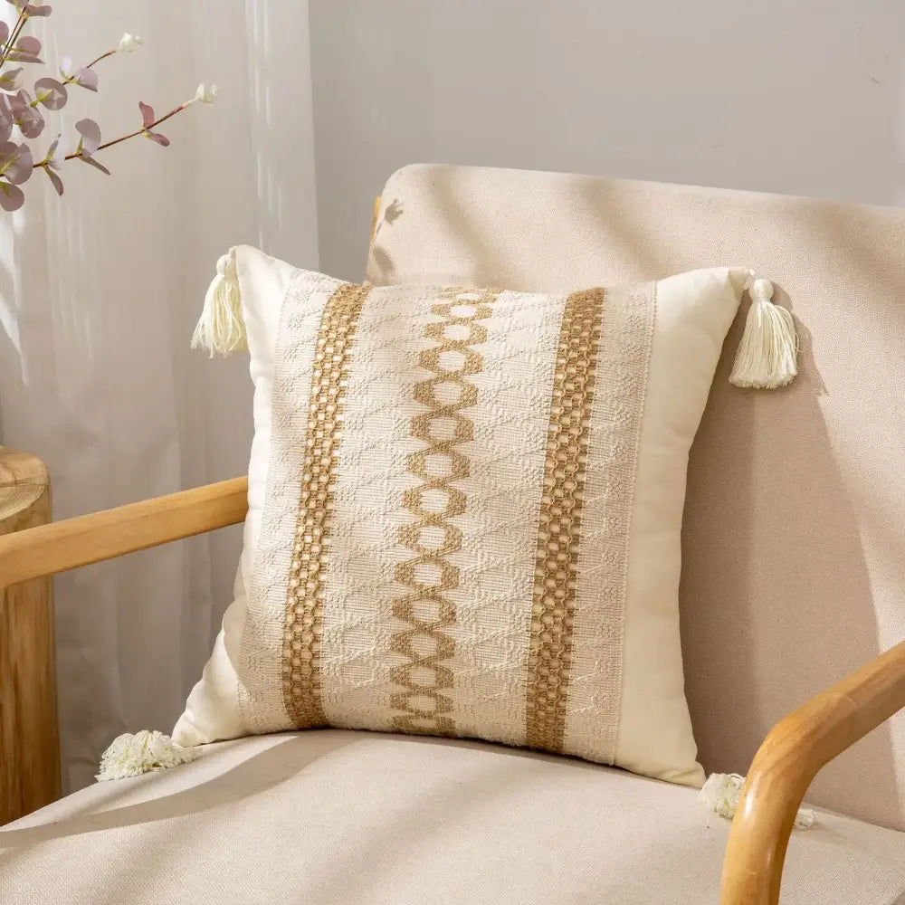 Bohemian style fringed cream & black pillow cover living room tassels