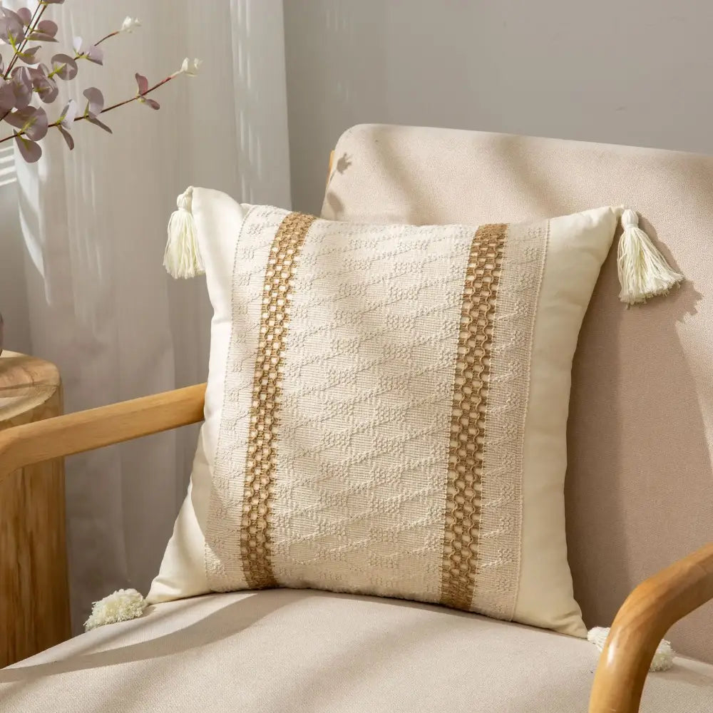 Bohemian style fringed cream & black pillow cover living room tassels