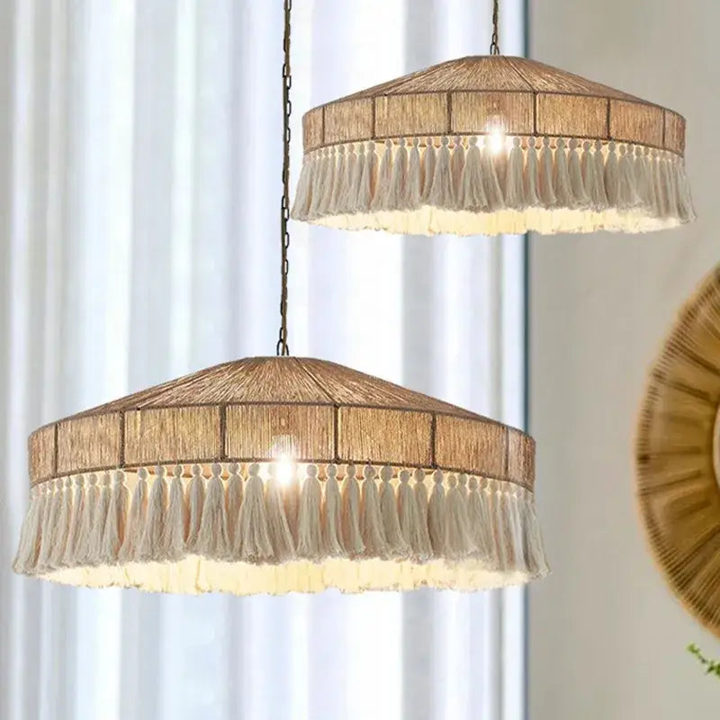 Bohemian tassel chandelier natural woven bedroom pendant light