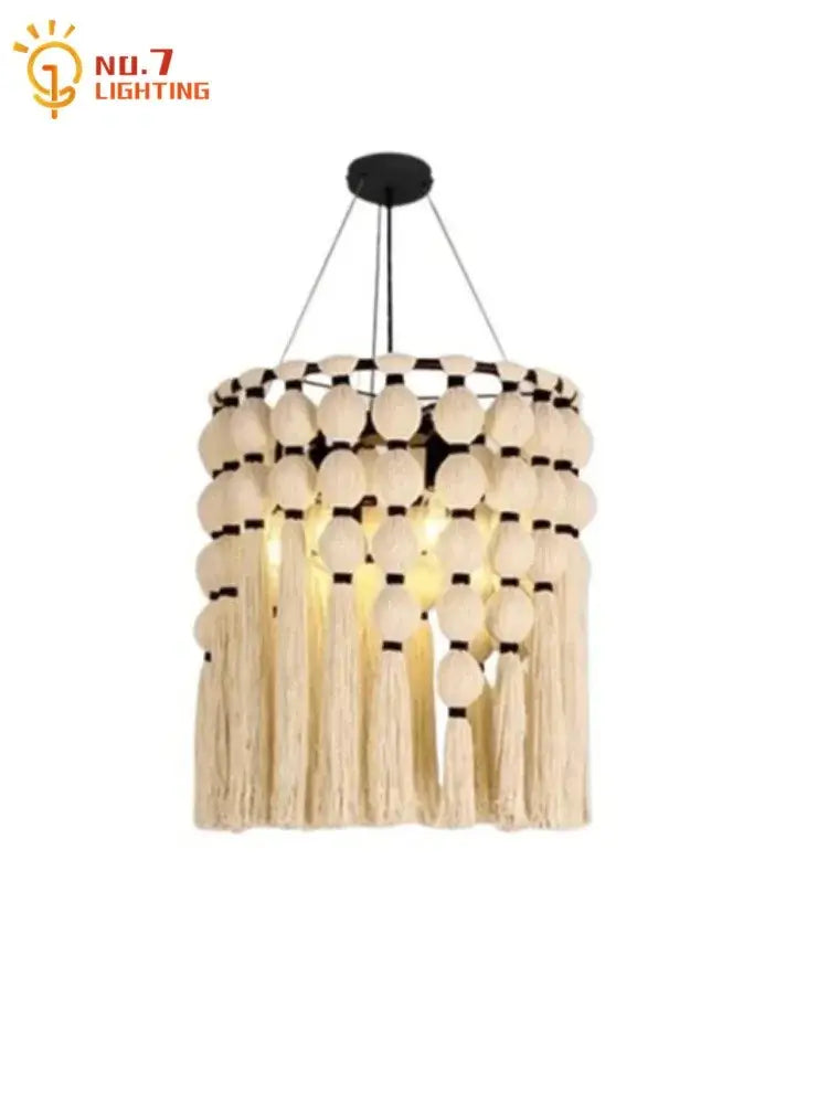 Bohemian tassel pendant led light beige macrame bedroom decor