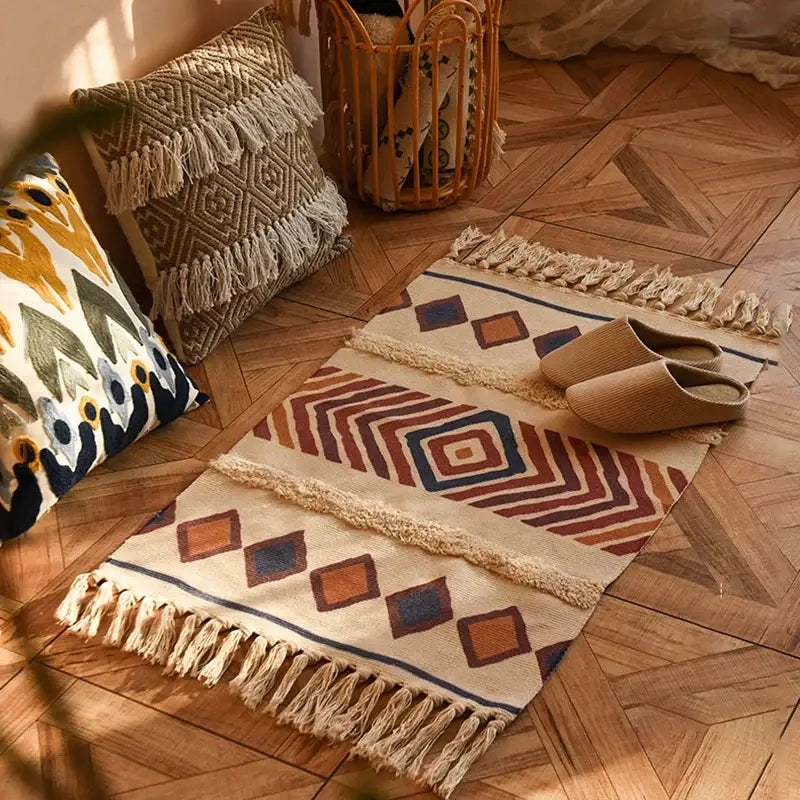 Bohemian tassel rug beige & rust geometric living room carpet