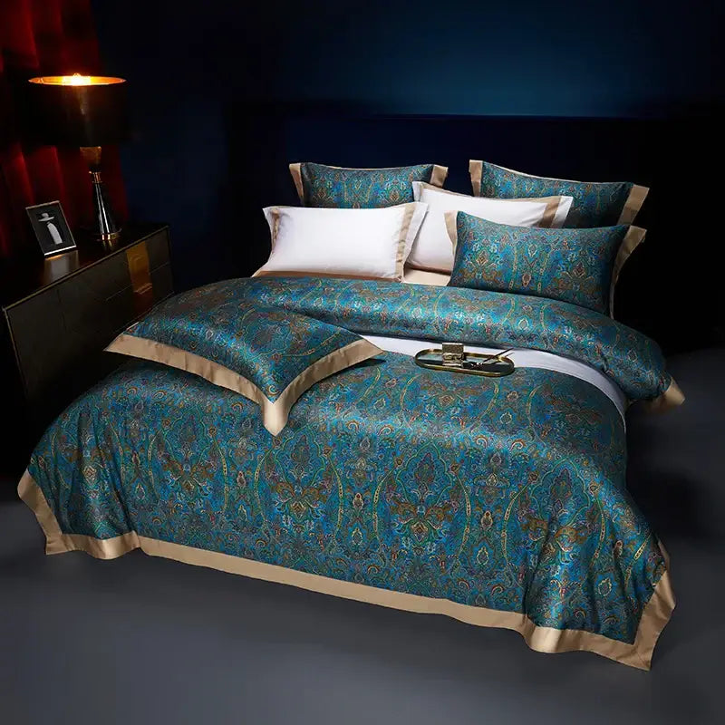 Bohemian teal & gold egyptian cotton bedding set bedroom paisley