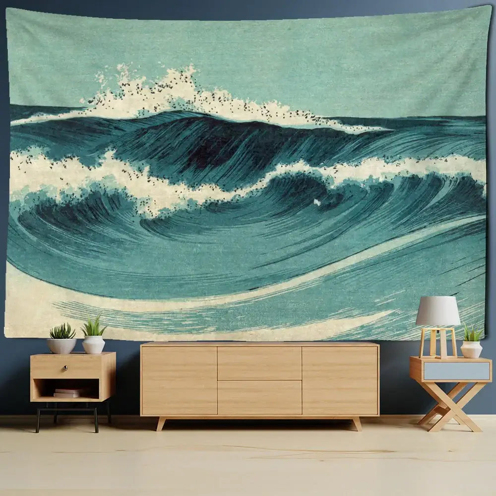 Bohemian teal & white blue wave oil painting tapestry bedroom decor