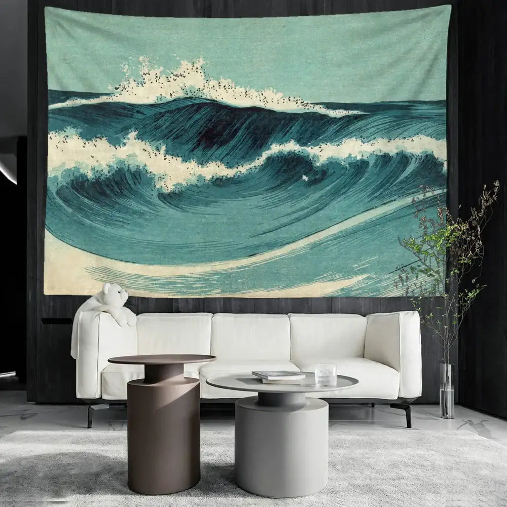 Bohemian teal & white blue wave oil painting tapestry bedroom decor