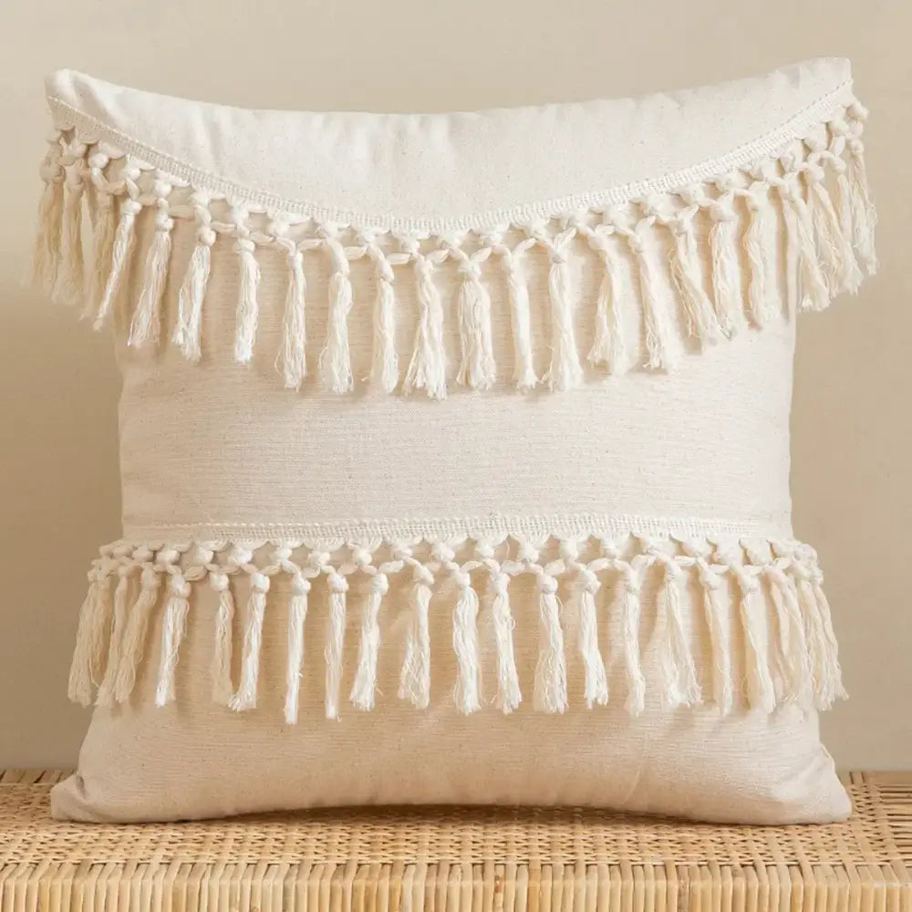 Bohemian tufted tassel pillow case beige geometric living room cushion