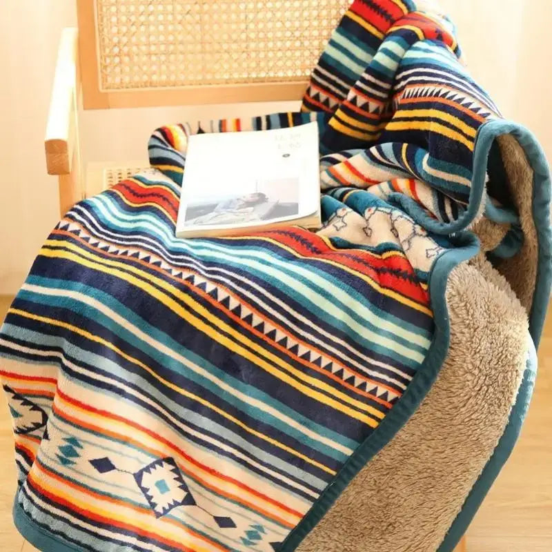 Bohemian winter blanket multicolored striped fleece for living room
