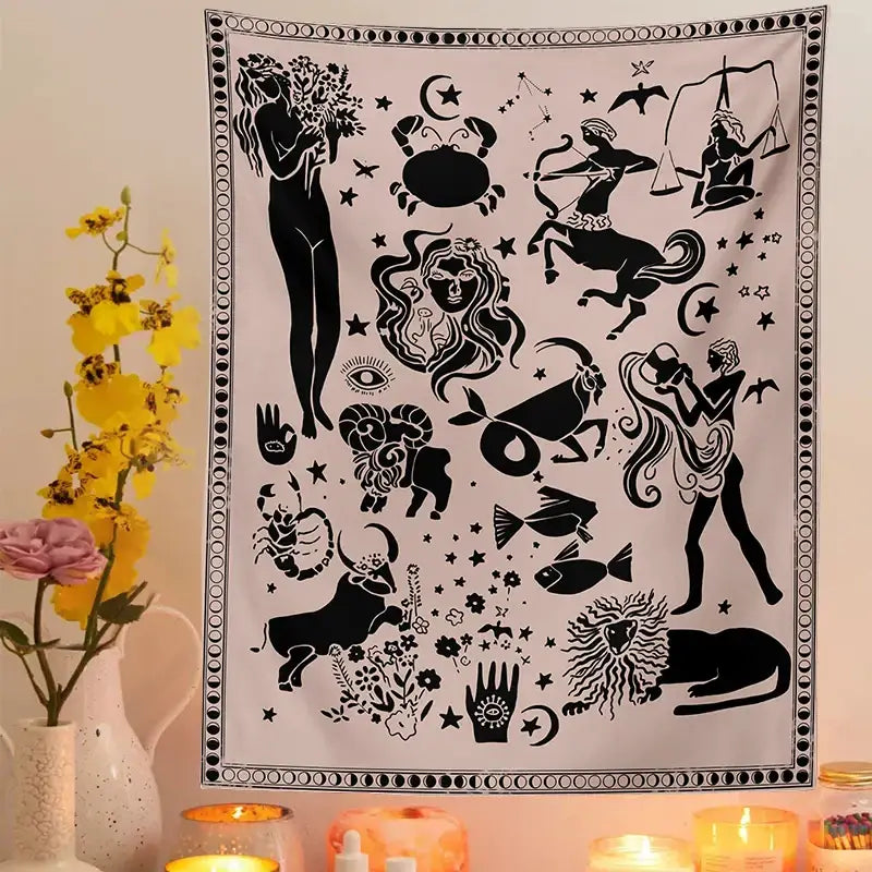 Boho beige and red constellation tarot boho tapestry bedroom decor