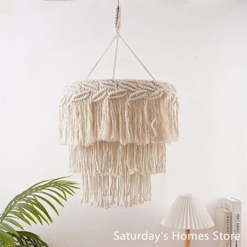 Boho beige macrame pendant light cover for bedroom chandelier