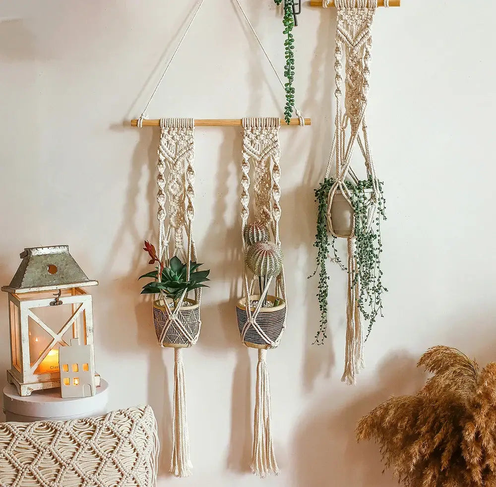 Boho beige macrame plant hanger basket wall art living room decor