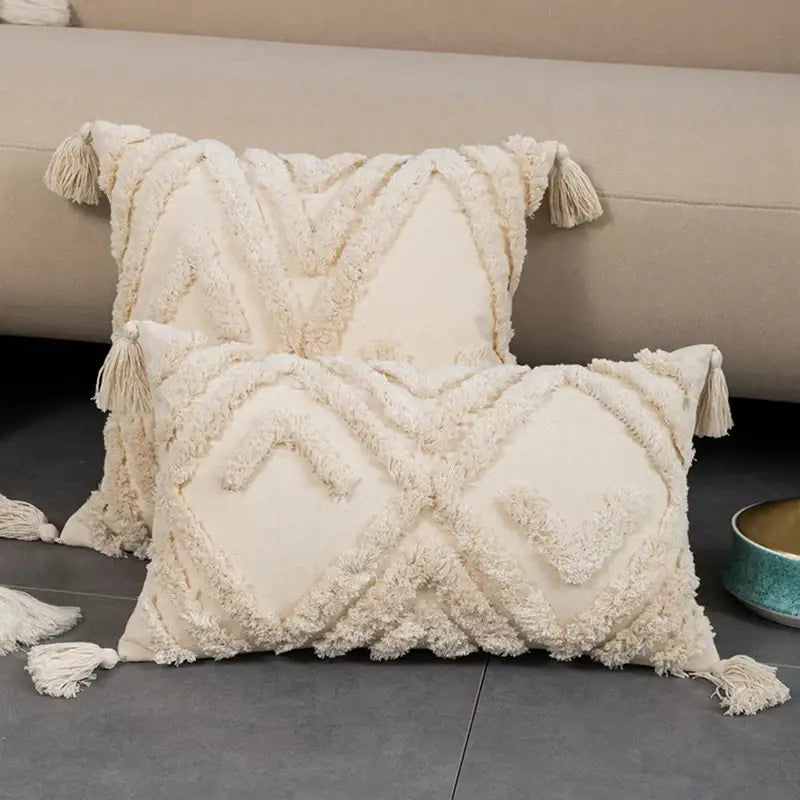 Boho beige tasseled cushion cover living room woven pillow case
