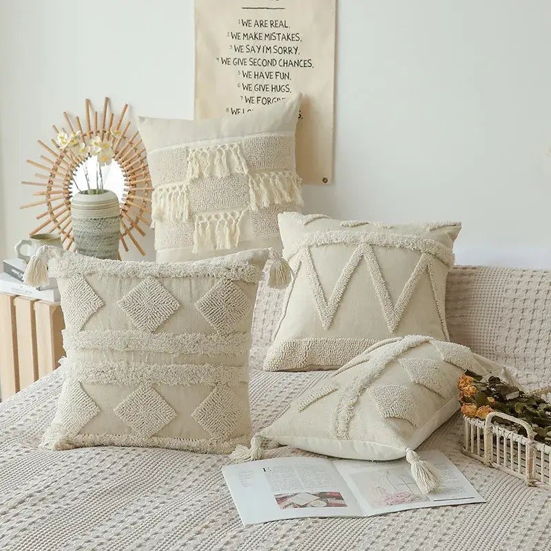 Boho beige white tufted tassel pillow covers bedroom decor