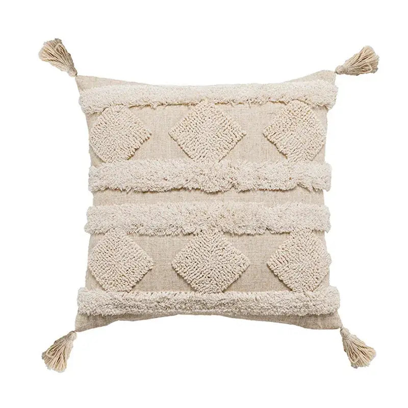 Boho beige white tufted tassel pillow covers bedroom decor