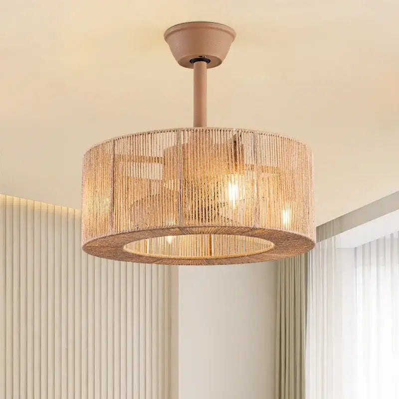 Boho beige woven rattan ceiling fan light for living room