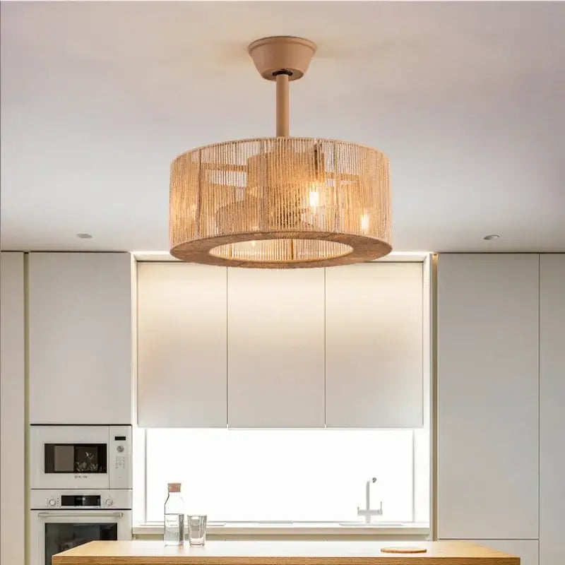 Boho beige woven rattan ceiling fan light for living room