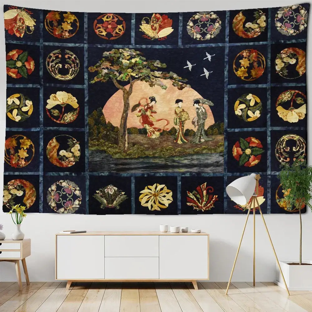 Boho black and gold moon starry sky mushroom tapestry bedroom decor