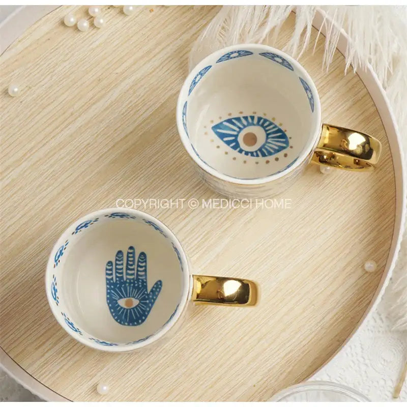 Boho blue and gold bright eyes ceramic dinner plate dining room