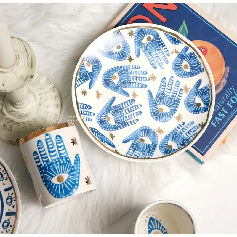 Boho blue and gold bright eyes ceramic dinner plate dining room
