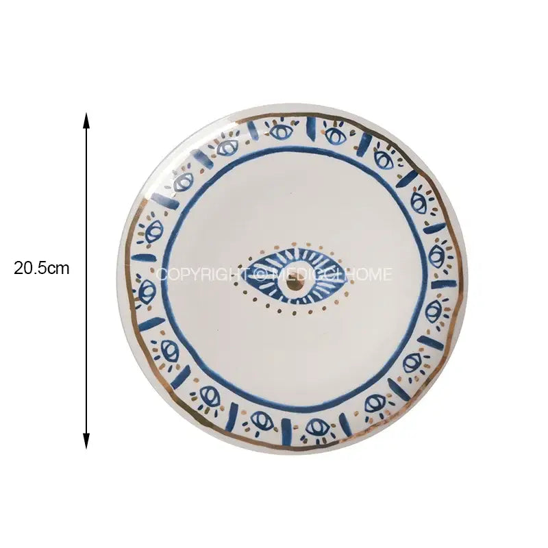 Boho blue and gold bright eyes ceramic dinner plate dining room