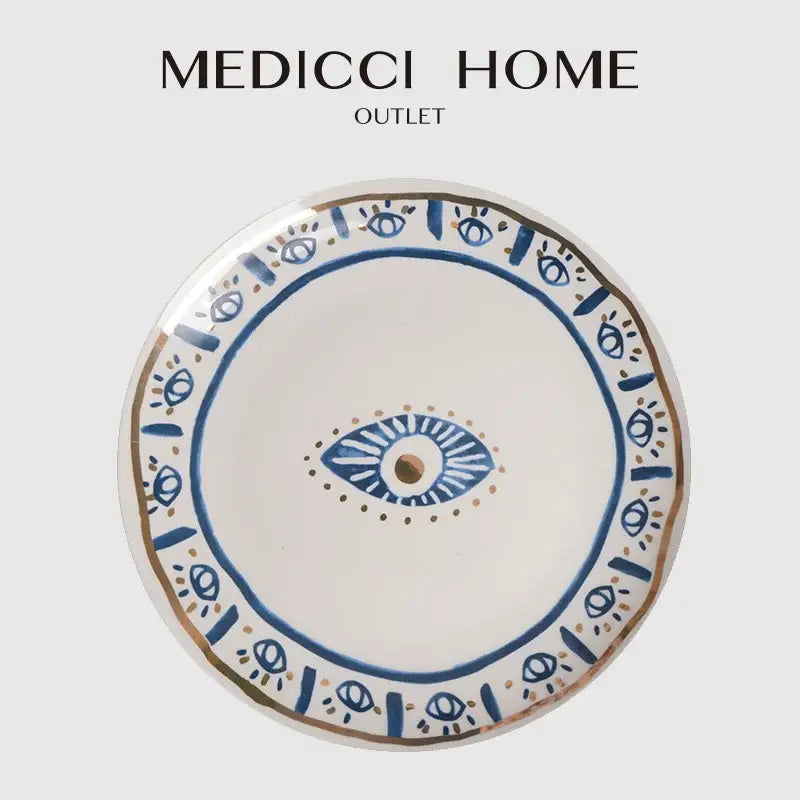 Boho blue and gold bright eyes ceramic dinner plate dining room
