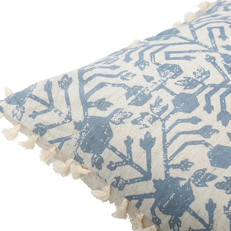 Boho blue & white tassel cushion cover living room pillow