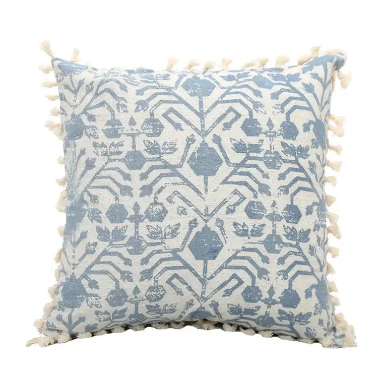 Boho blue & white tassel cushion cover living room pillow